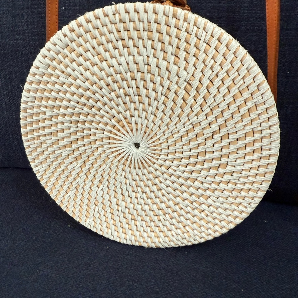 Round Woven Crossbody Bag - Cream and Tan - Picture 5 of 8